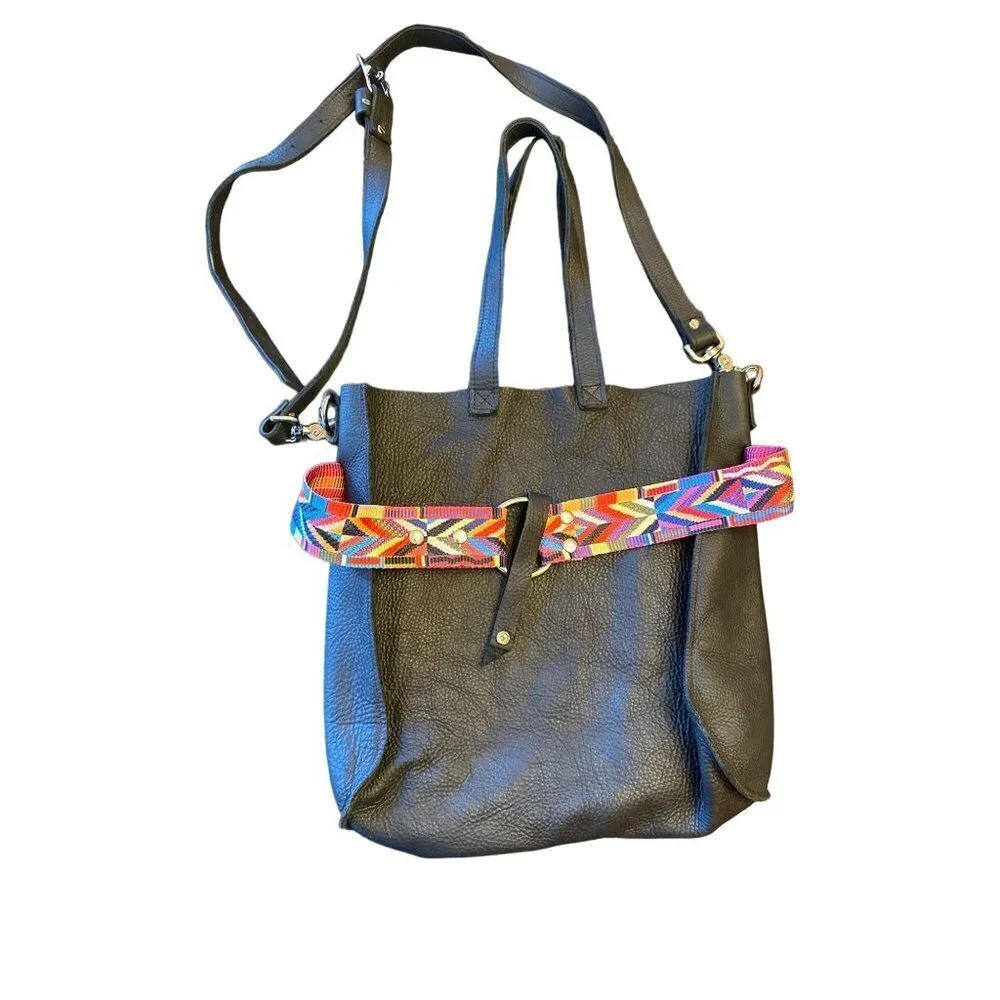 Coshic Leather Heavy Black‎ Shoulder Tote Bag Multicolor Nylon Wrap Strap